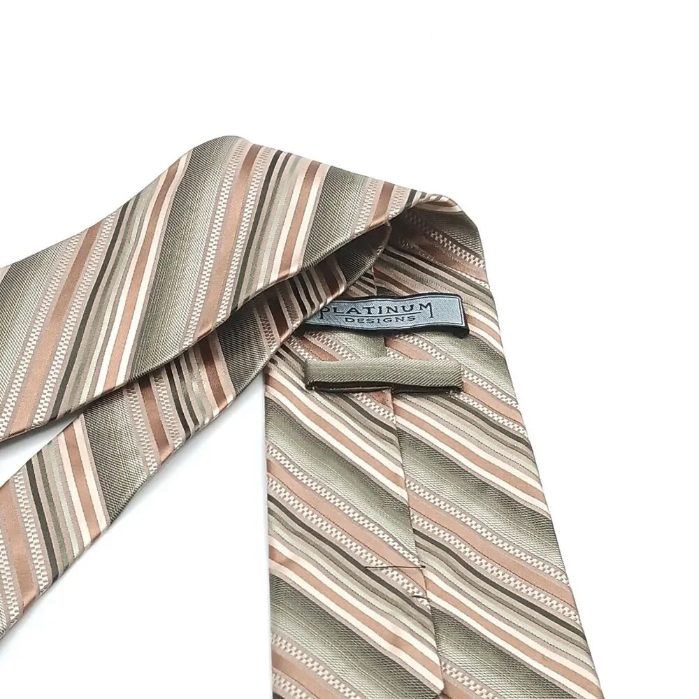 Platinum Designs Silk Tie Mens XL 66.5” Green Gold Thin Stripe Designer Wide New